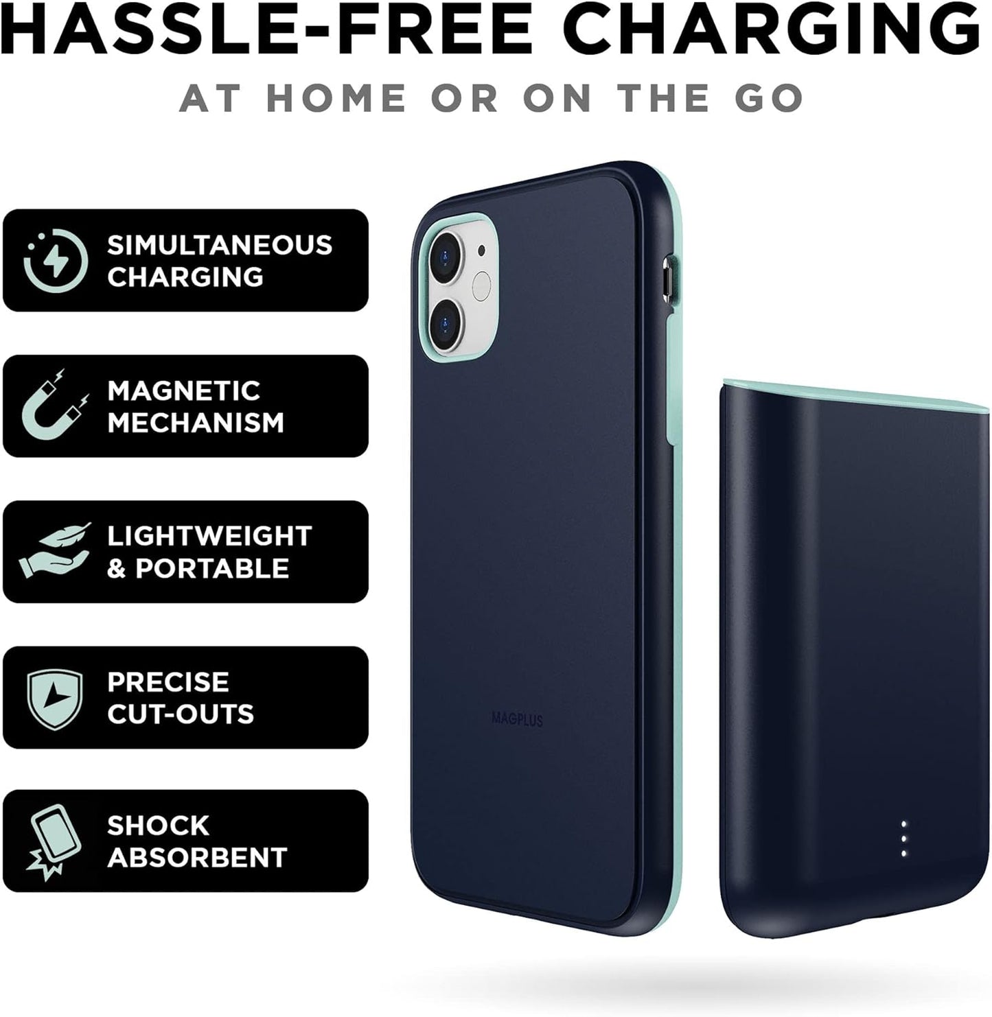 Battery Charging Case for Iphone 11 – Detachable & Magnetic Smart Charger Case for Apple Wireless Charging – Protective Portable Rechargeable Charging Cover Compatible with Iphone - Navy Mint